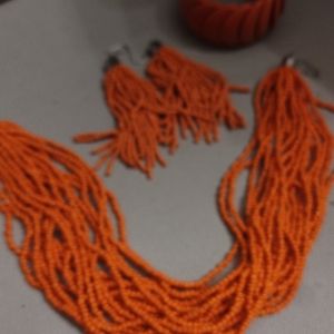 Orange beaded necklace and earrings with bracelet set
